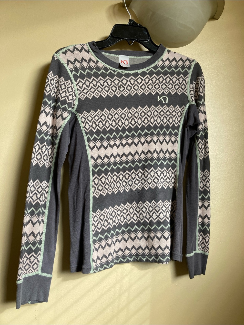 Kari Traa women’s hiking camping  baselayer in Gray Cream Mint M wool blend